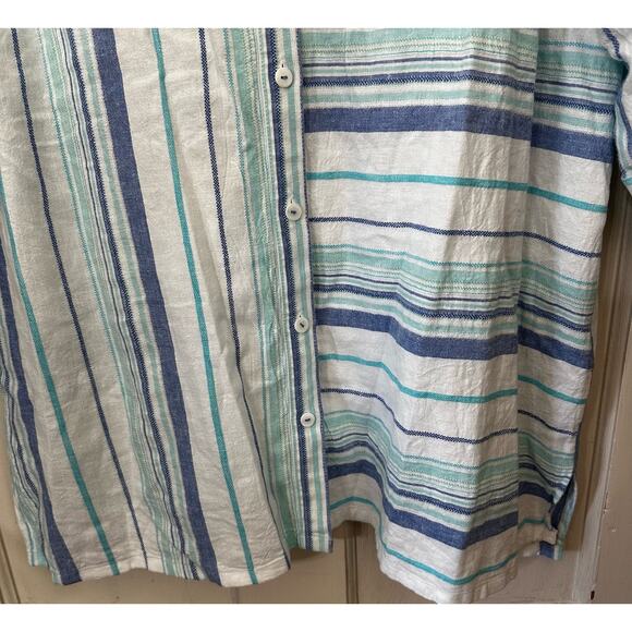 Foxcroft Shirt Womens 14W White Blue Striped Button Up Linen Blend Button Accent - Picture 6 of 7